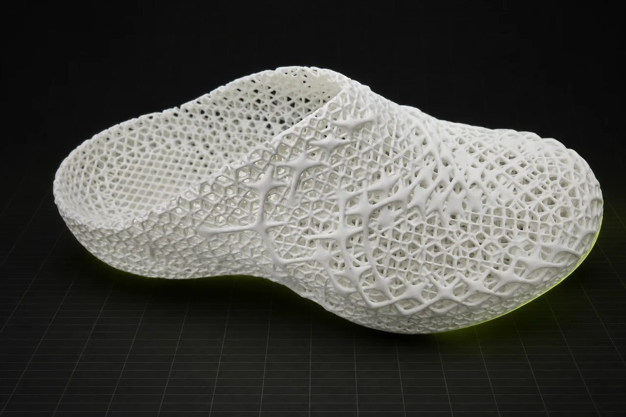 白色 3D 打印晶格鞋原型侧面视图
